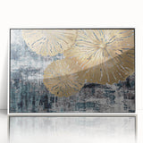 Framed abstract wall art featuring colorful strokes and lines in shades of blue, orange, and yellow, set against a sleek white background, ideal for modern decor.