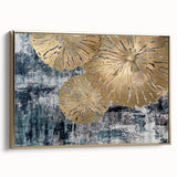 Framed canvas wall art showcasing an abstract design with golden strokes and lines, elegantly displayed from a side view, perfect for modern decor.