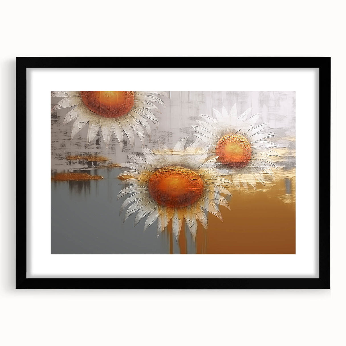 Abstract wall art featuring a modern design of colorful strokes and lines in a black frame with a white mat, perfect for contemporary home decor.
