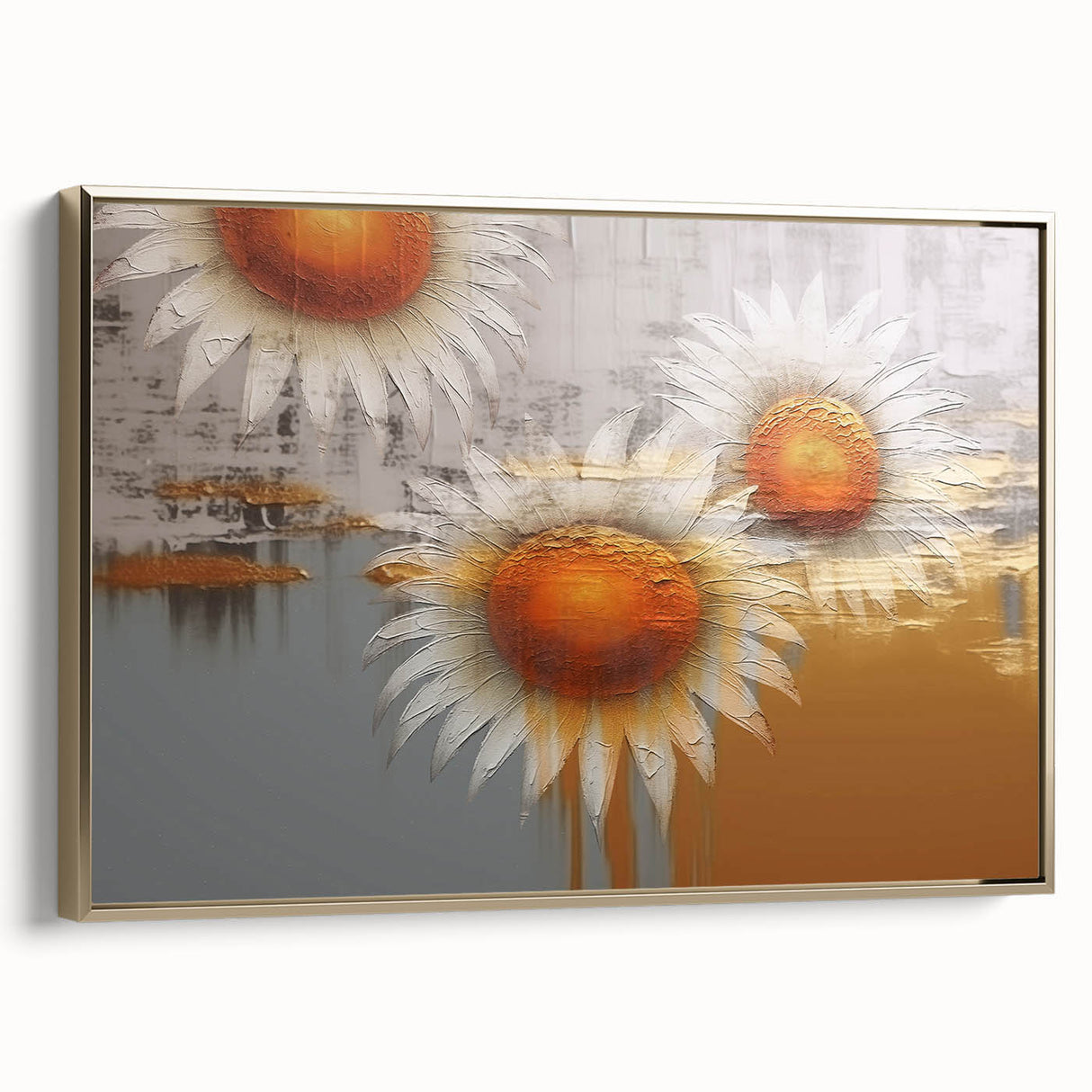 Framed canvas wall art showcasing an abstract design of gold strokes and lines against a neutral background, adding a modern touch to any decor.