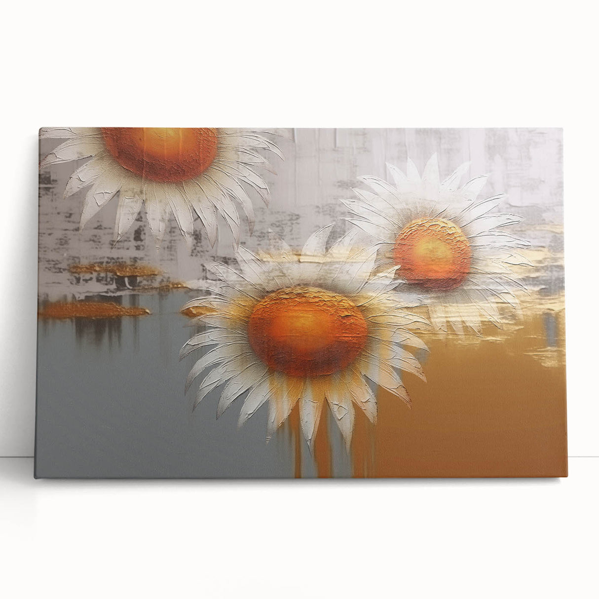Abstract wall art featuring vibrant strokes and lines in shades of blue and gold, displayed on a stretched canvas, creating a modern and dynamic home decor piece.
