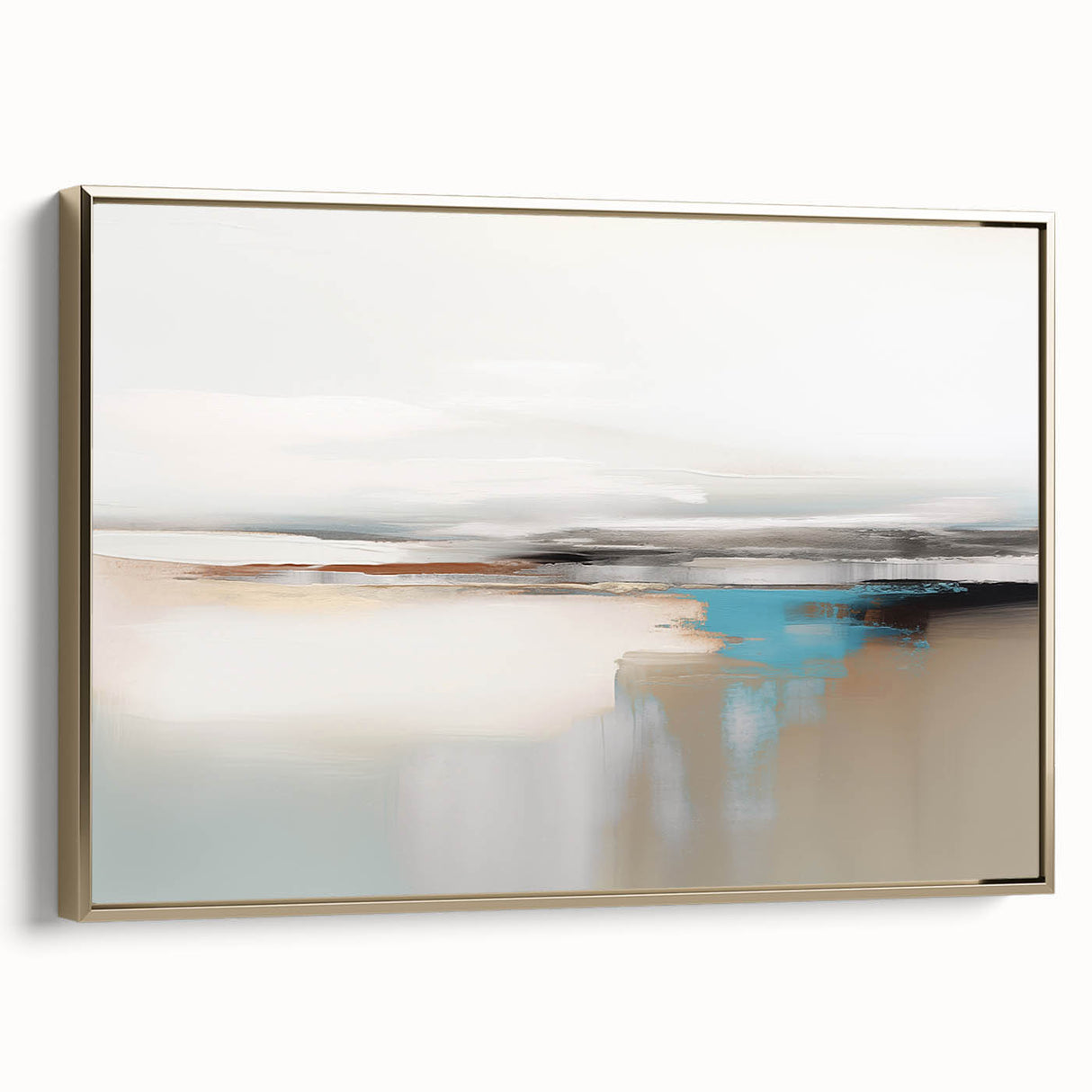 Framed wall art featuring an abstract design of gold strokes and lines on a textured canvas, elegantly displayed from the side, perfect for modern decor.