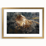 Abstract wall art featuring an elegant design of golden strokes and lines within a sleek frame, perfect for modern decor. Ideal for enhancing any living space or office ambiance.