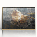 Framed abstract wall art featuring dynamic strokes and lines in gold and black colors, ideal for modern home decor, showcasing a chic artistic design.