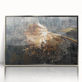 Framed wall art featuring an abstract design of colorful strokes and lines in silver and blue tones, perfect for modern home decor. Showcases a sleek, contemporary aesthetic ideal for enhancing any living space.