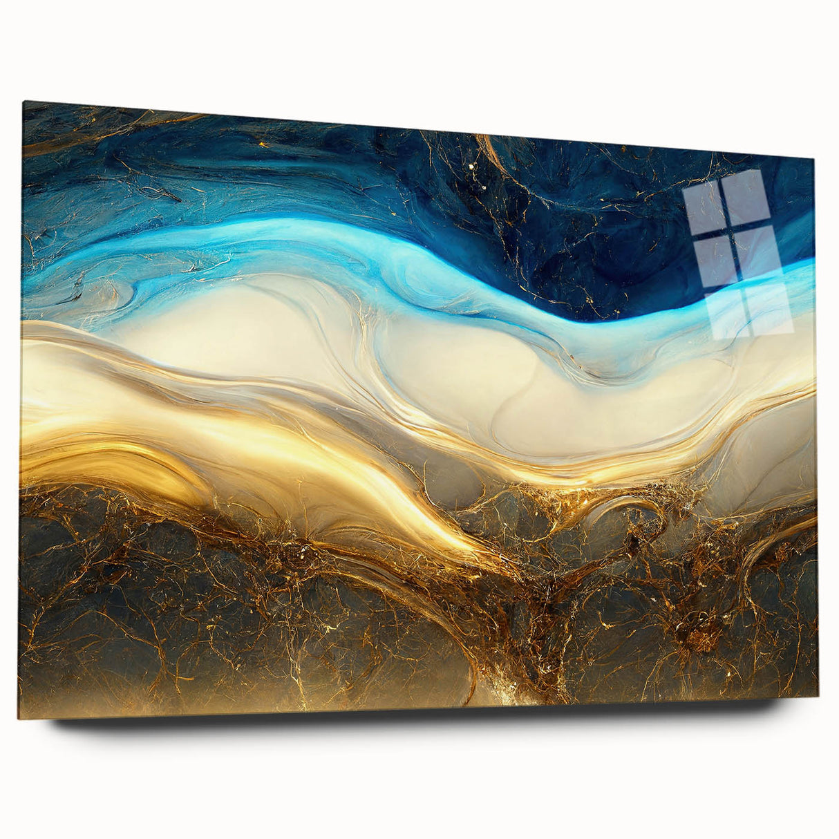 Abstract wall art displaying vibrant strokes and lines in a modern acrylic glass frame, showcasing a contemporary design perfect for home decor.