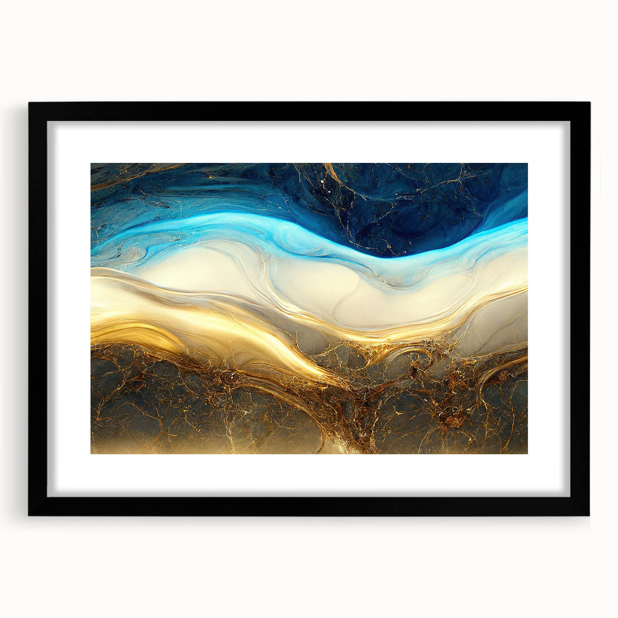 Abstract strokes and lines design wall art framed with a black mat, showcasing a modern aesthetic suitable for contemporary decor.