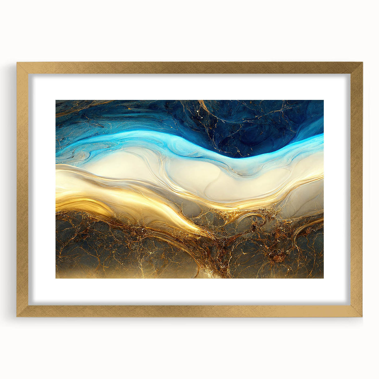 Framed abstract wall art featuring dynamic strokes and lines in gold and black, designed to enhance modern interior decor with elegance.