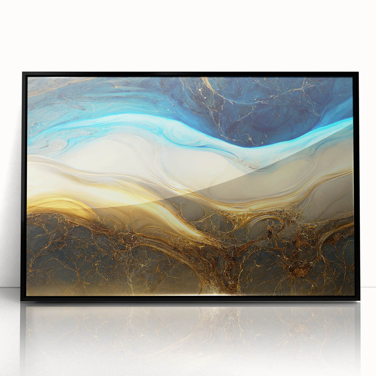 Framed wall art featuring an abstract design of colorful strokes and lines in a sleek black frame, ideal for modern home decor.