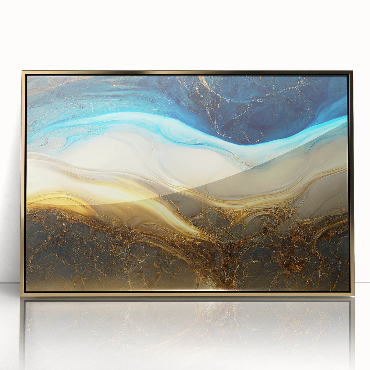 Framed wall art featuring an abstract design with dynamic gold strokes and lines on a white background, ideal for modern decor.