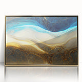 Framed wall art featuring an abstract design with dynamic gold strokes and lines on a white background, ideal for modern decor.