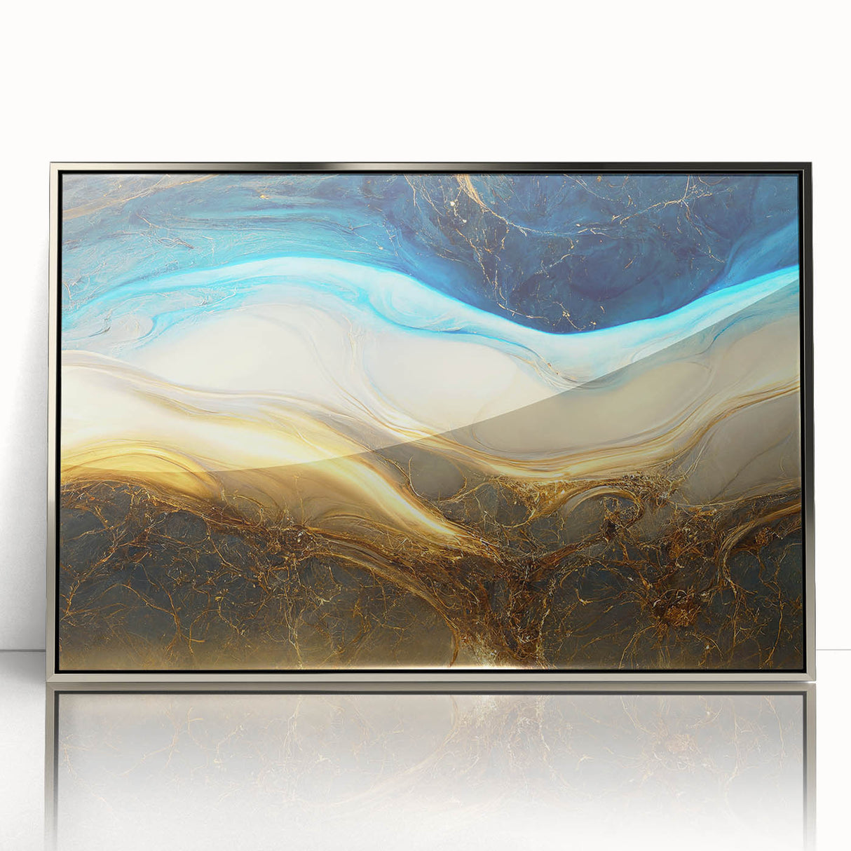 Framed abstract wall art featuring silver and blue strokes on a textured background, perfect for modern home decor or office settings.