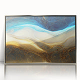Framed abstract wall art featuring silver and blue strokes on a textured background, perfect for modern home decor or office settings.