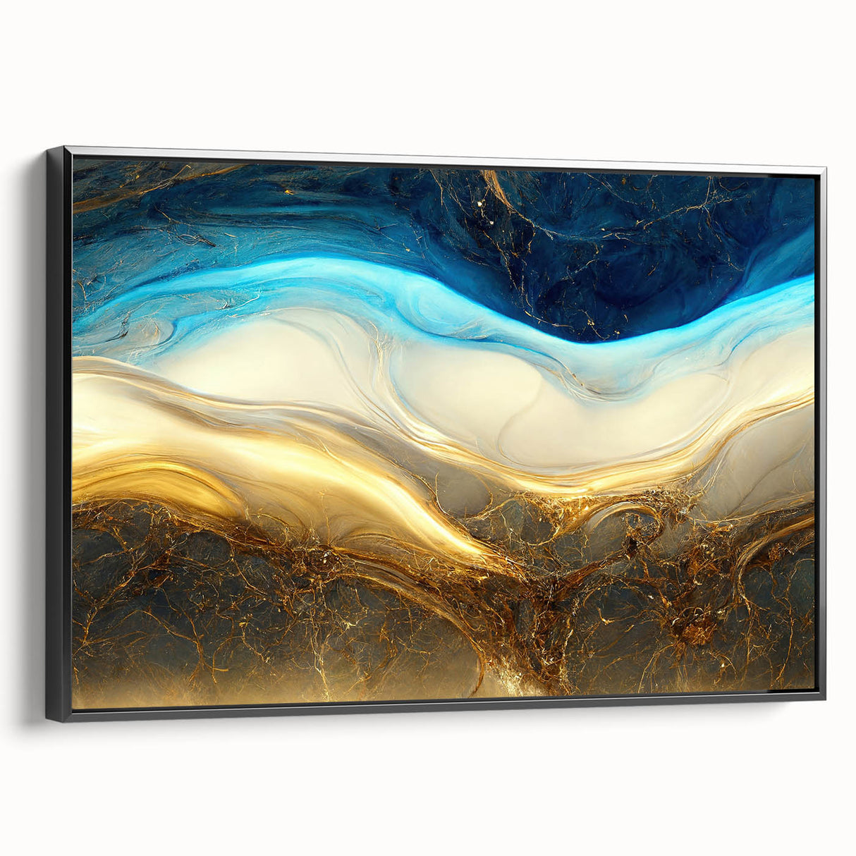 Abstract wall art featuring vibrant strokes and lines in a framed canvas design, showcasing a modern aesthetic with a sleek black frame.