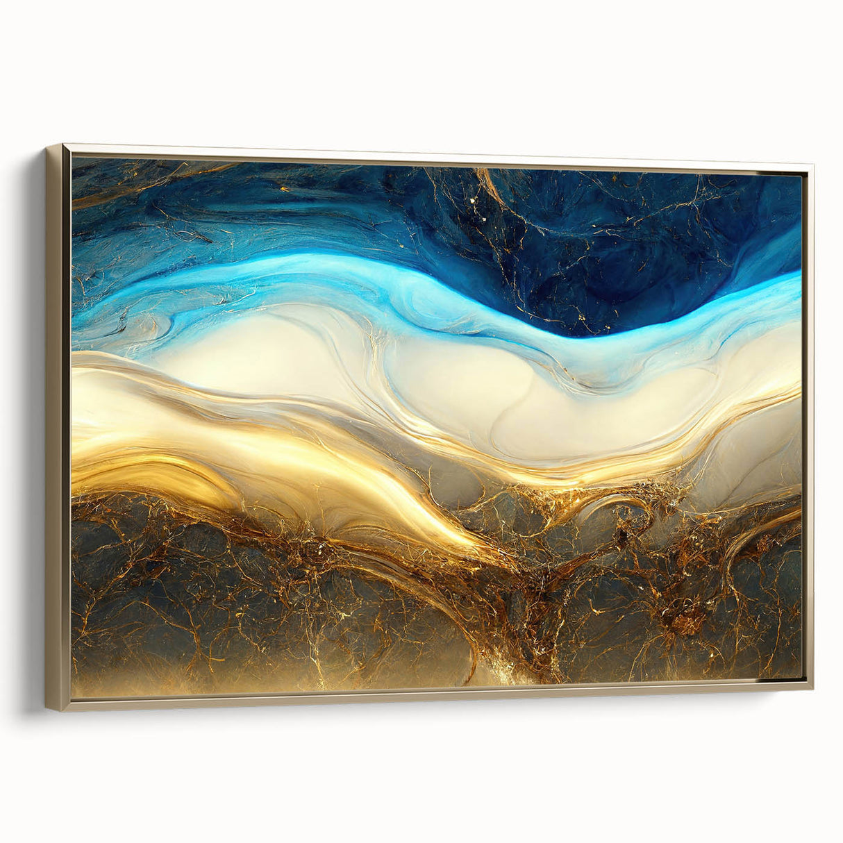 Framed abstract wall art showcasing dynamic strokes and lines in gold and neutral tones, perfect for modern decor in living spaces.