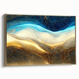 Framed abstract wall art showcasing dynamic strokes and lines in gold and neutral tones, perfect for modern decor in living spaces.