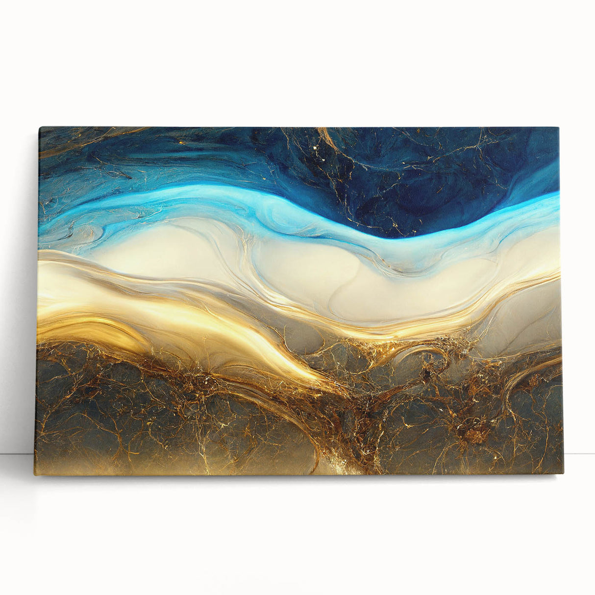 Abstract wall art canvas featuring vibrant strokes and lines in shades of blue, orange, and yellow, perfect for modern home decor.