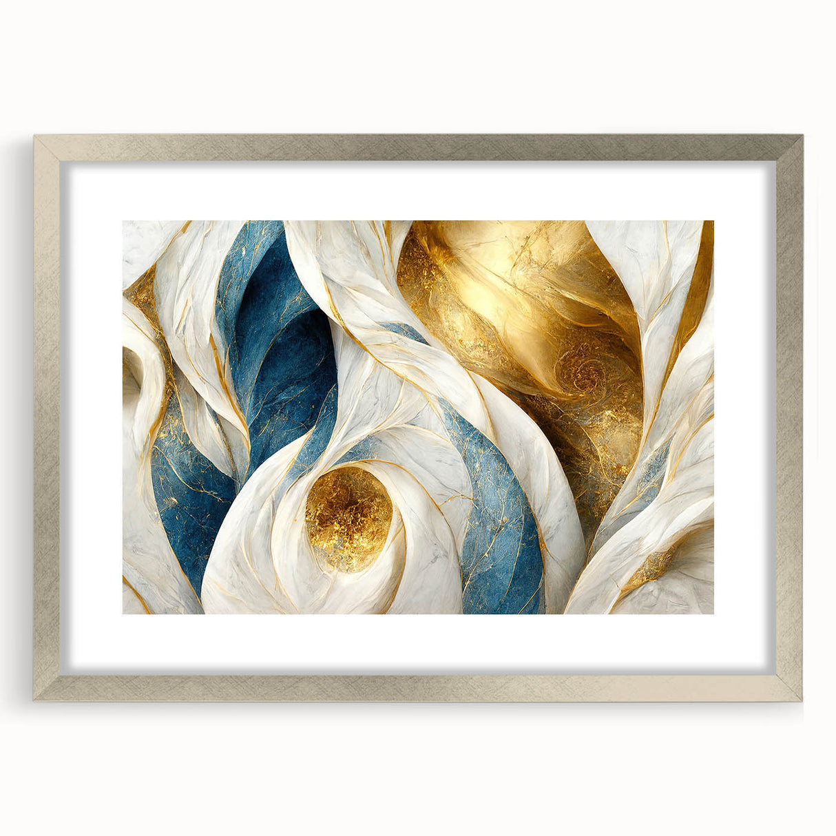 Abstract wall art featuring a modern design of colorful strokes and lines, elegantly framed in a silver mat, enhancing contemporary decor.