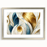 Abstract wall art featuring a modern design of colorful strokes and lines, elegantly framed in a silver mat, enhancing contemporary decor.