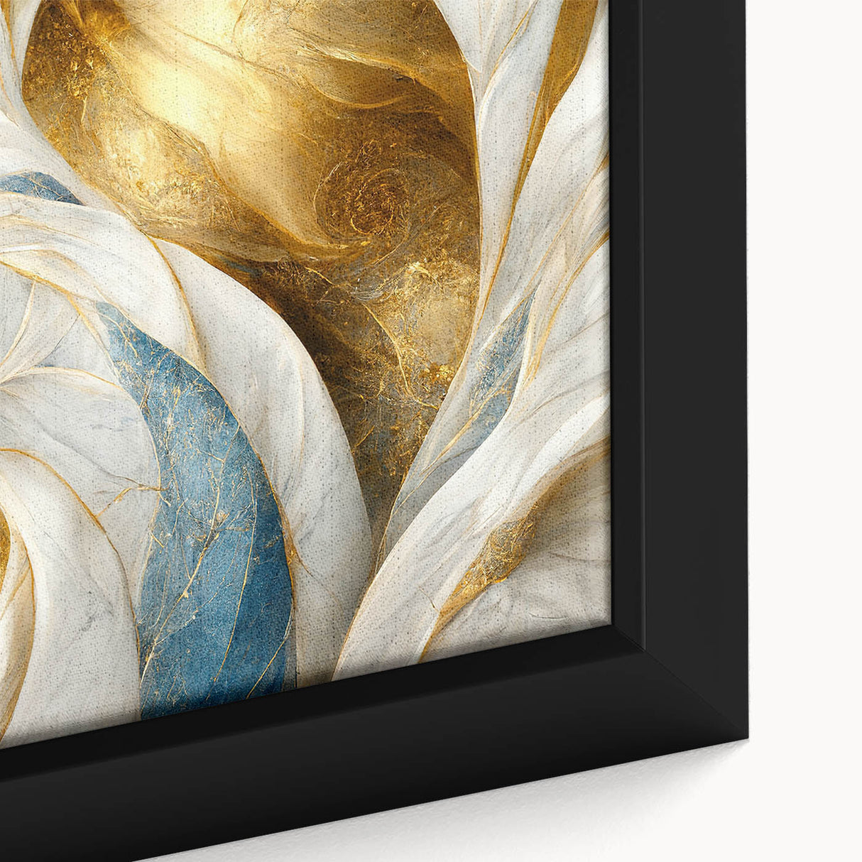 Close-up of framed abstract wall art showcasing vibrant strokes and lines in blue, orange, and yellow, perfect for modern decor.