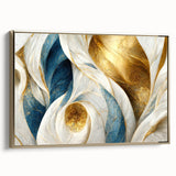 Framed abstract wall art showcasing vibrant strokes and lines in gold and muted tones, perfect for enhancing modern interior decor.