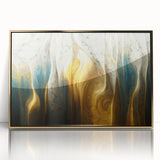 Framed wall art featuring an abstract strokes and lines design in gold and black, showcasing a modern aesthetic perfect for home decor.