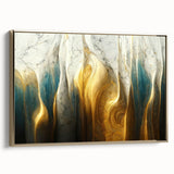Framed wall art featuring abstract strokes and lines design in gold and neutral tones, showcasing modern elegance and sophistication.