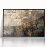 Framed wall art featuring an abstract design of strokes and lines in gold and white, adding modern elegance to any space.
