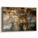 Framed canvas wall art showcasing an abstract design with gold strokes and lines, adding elegance to modern decor settings.