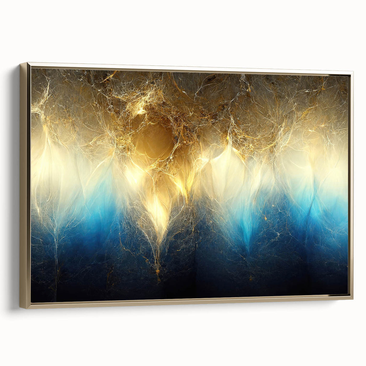 Framed wall art showcasing an abstract design with gold and black strokes and lines, adding modern elegance to any interior decor setting.