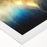 Abstract wall art featuring vibrant strokes and lines in shades of blue, orange, and yellow, perfect for modern home decor or office spaces.