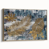 Framed canvas wall art showcasing an abstract design of gold strokes and lines against a neutral background, perfect for modern home decor.