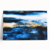 Abstract wall art featuring vibrant strokes and lines in shades of blue, yellow, and orange, designed for modern home decor.