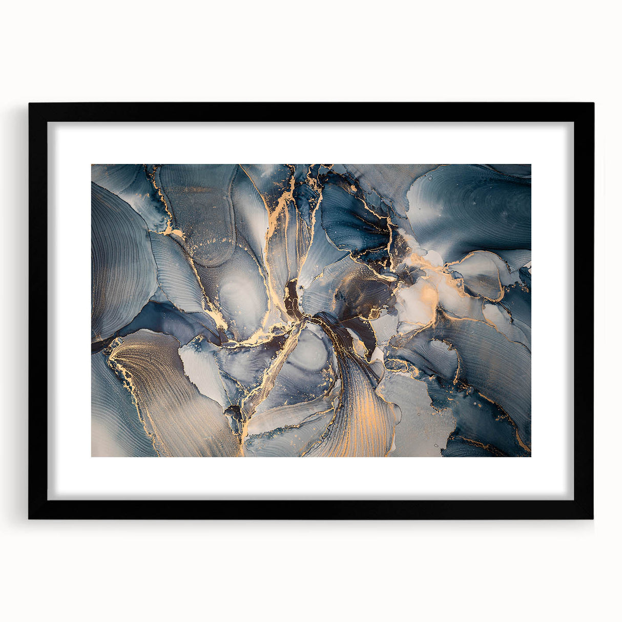 Abstract strokes and lines in muted colors create a modern wall art design, framed in black with a mat, perfect for contemporary decor.
