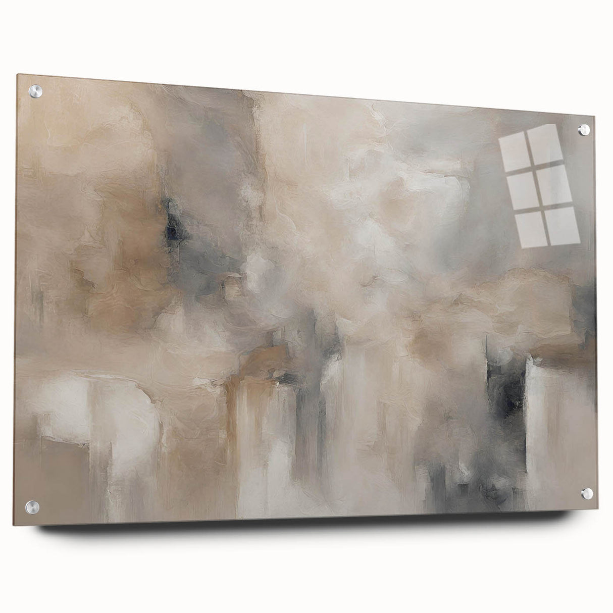 Abstract wall art featuring colorful strokes and lines on acrylic glass, showcasing a modern design with a side view and elegant pin mount.