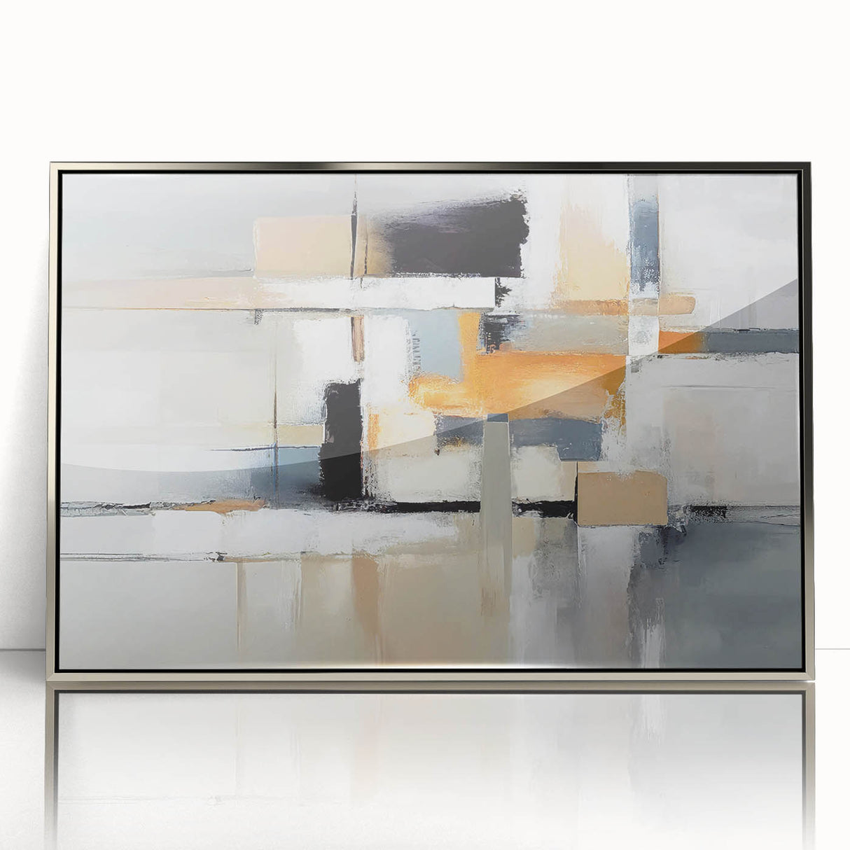Framed abstract wall art featuring elegant strokes and lines in silver and white, ideal for modern home decor and artistic accents.