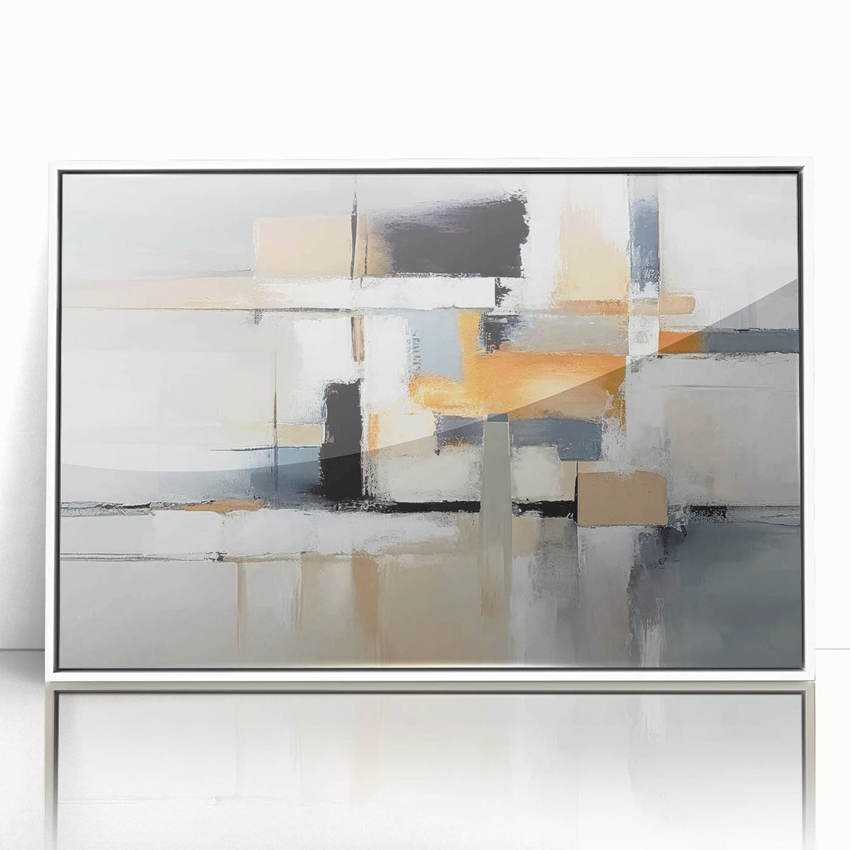 Framed wall art featuring an abstract design with colorful strokes and lines, set against a white background for a modern aesthetic.