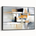 Framed abstract wall art showcasing dynamic strokes and lines in black and white, set against a sleek black frame, enhancing modern decor.