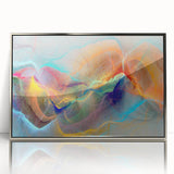 Framed abstract wall art featuring vibrant strokes and lines in shades of silver and blue, enhancing modern interior decor.