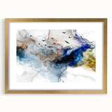 Abstract strokes and lines in a modern wall art design, framed with a gold finish and mat, enhancing contemporary decor aesthetics.