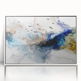 Framed abstract wall art with colorful strokes and lines, showcasing a modern design in a sleek white frame, perfect for contemporary decor.