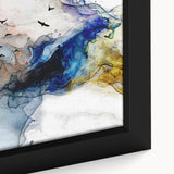 Close-up of a framed abstract wall art piece showcasing vibrant strokes and lines in bold colors, perfect for modern home decor.