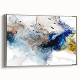 Framed abstract wall art showcasing a modern design of colorful strokes and lines in silver-toned frame, enhancing contemporary decor.