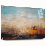 Abstract wall art featuring colorful strokes and lines on acrylic glass, displayed from a side view with pins for hanging, perfect for modern decor.