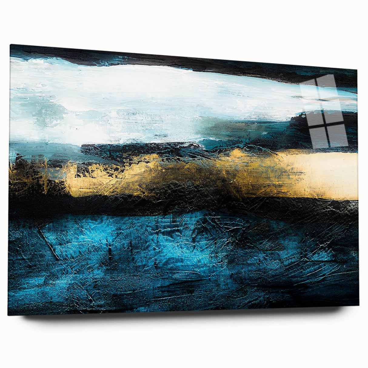 Abstract wall art display showcasing colorful strokes and lines in a modern design, featuring acrylic glass framing for a sleek look.