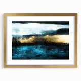 Framed wall art featuring abstract strokes and lines in gold and black, perfect for modern decor, showcasing elegant design and sophistication.