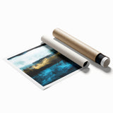 Abstract wall art print showcasing vibrant strokes and lines in blue, orange, and green, ideal for modern home decor or office spaces.