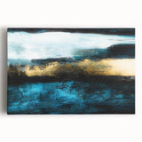 Abstract canvas wall art featuring vibrant strokes and lines in shades of blue, orange, and gold, ideal for modern home decor.