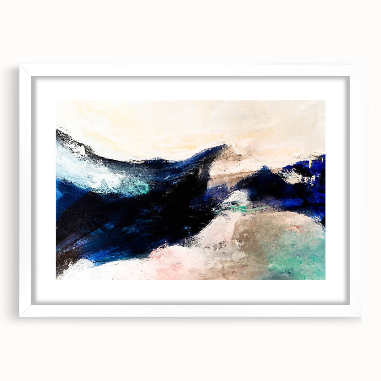 Abstract wall art featuring colorful strokes and lines in a modern design, framed with a white mat, perfect for contemporary decor.