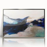 Framed wall art featuring an abstract design of colorful strokes and lines in silver and blue tones, ideal for modern decor enhancement.